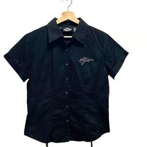 Harley Davidson Button Down Corset Side Blouse Black Size L Biker Casual Goth